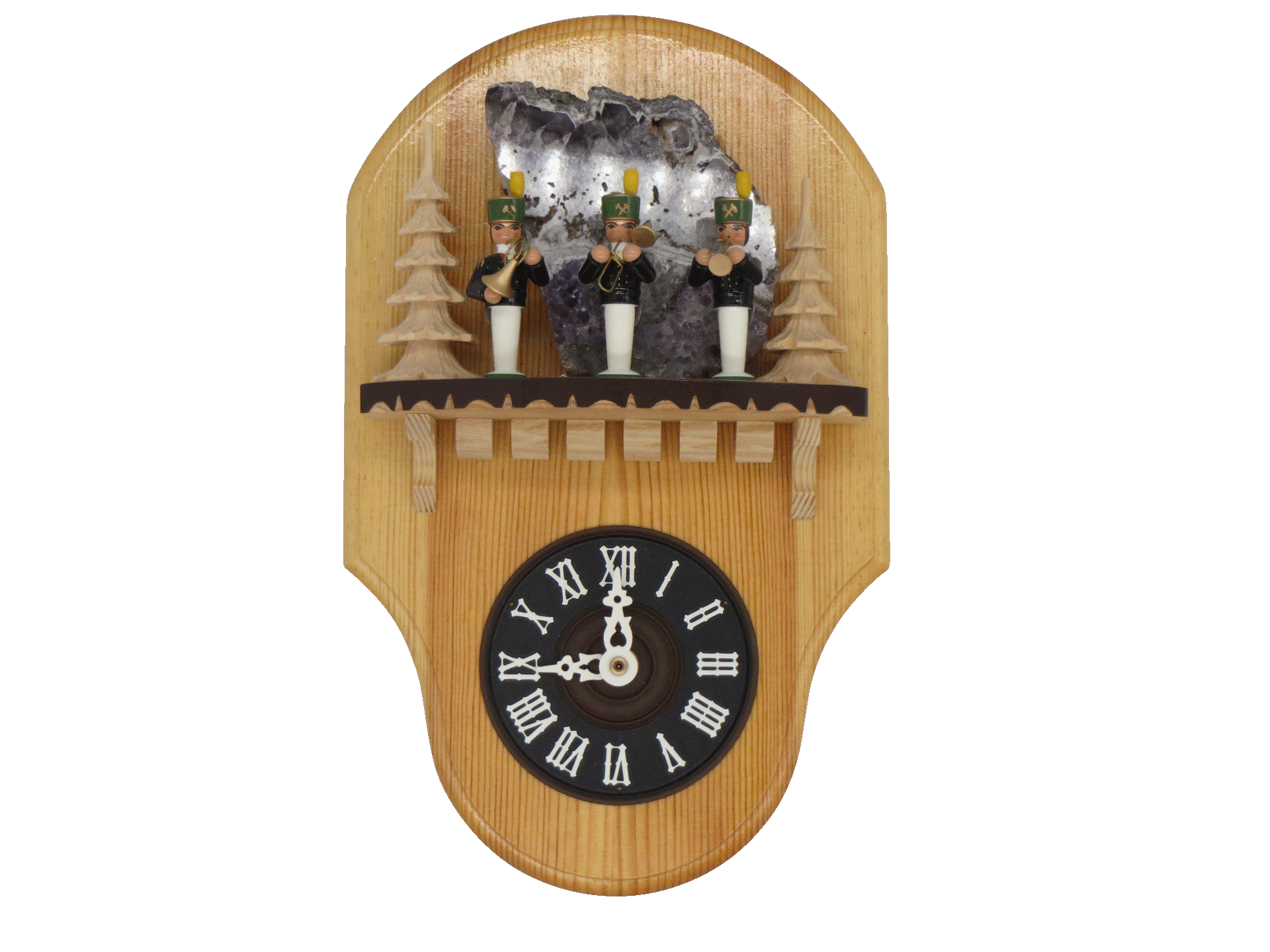 Wanduhr mit Bergmannfiguren und Amethyst