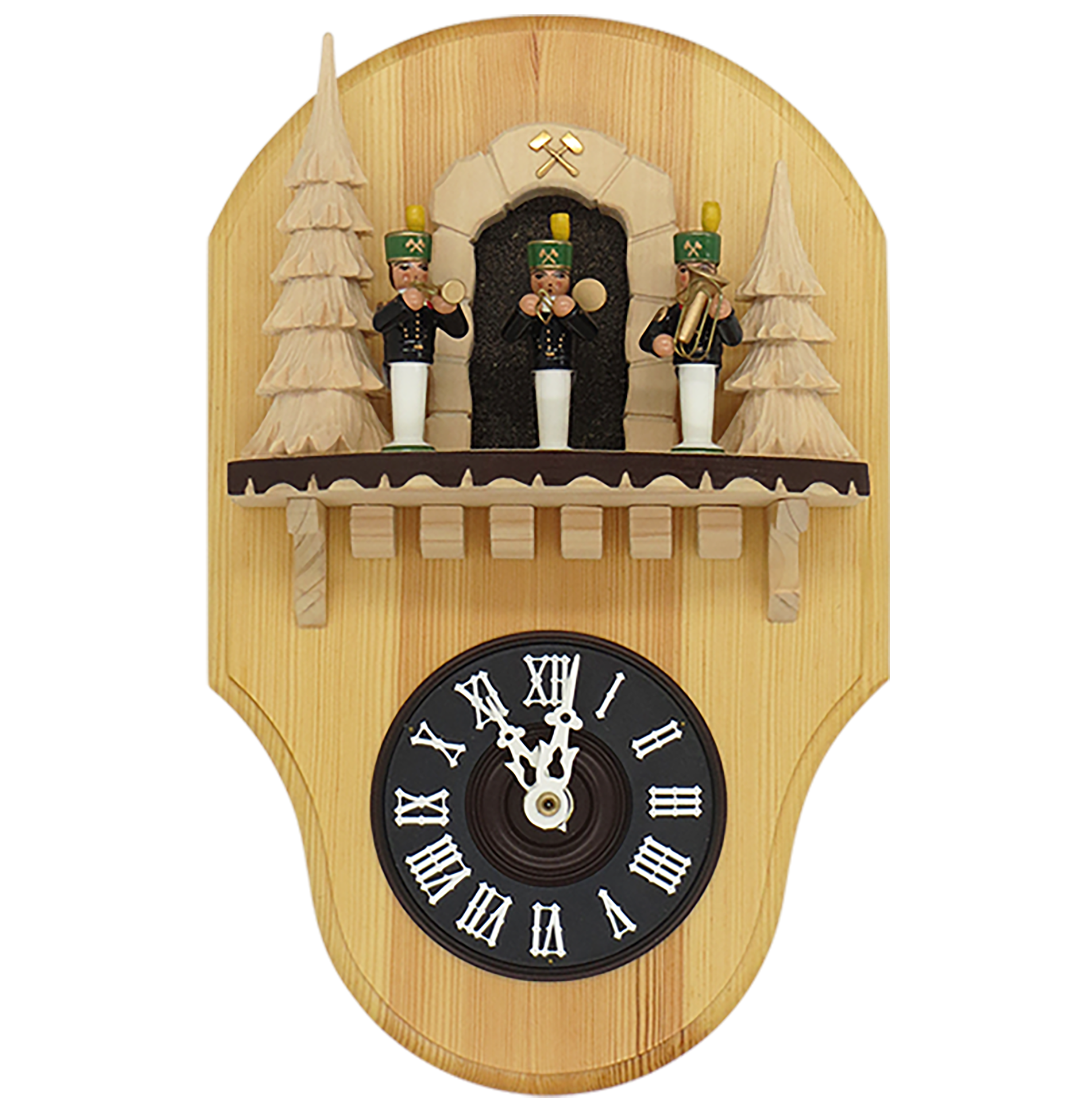 Wanduhr mit Bergmannfiguren und Stollenmundloch
